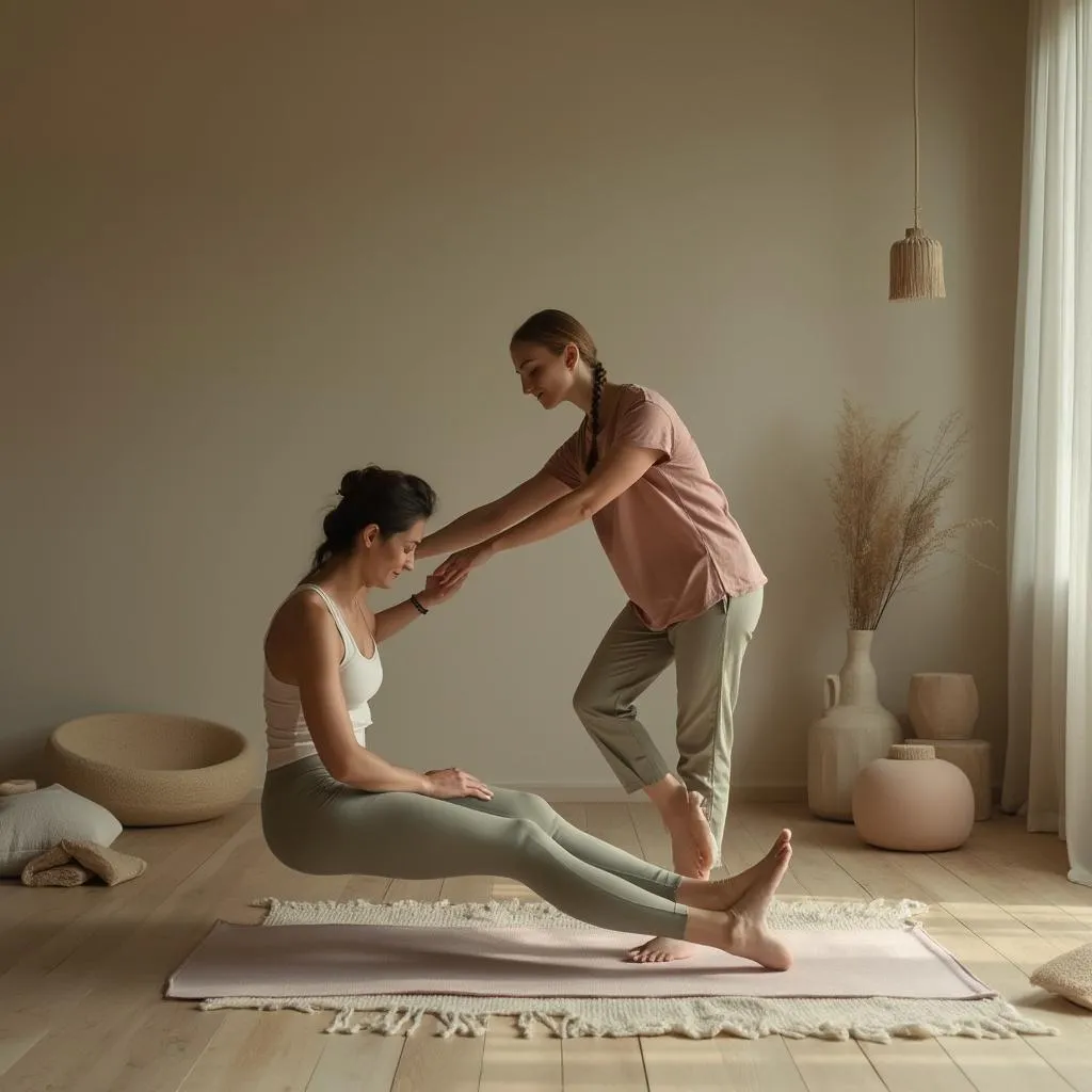 Coach guiding client through mindful movement