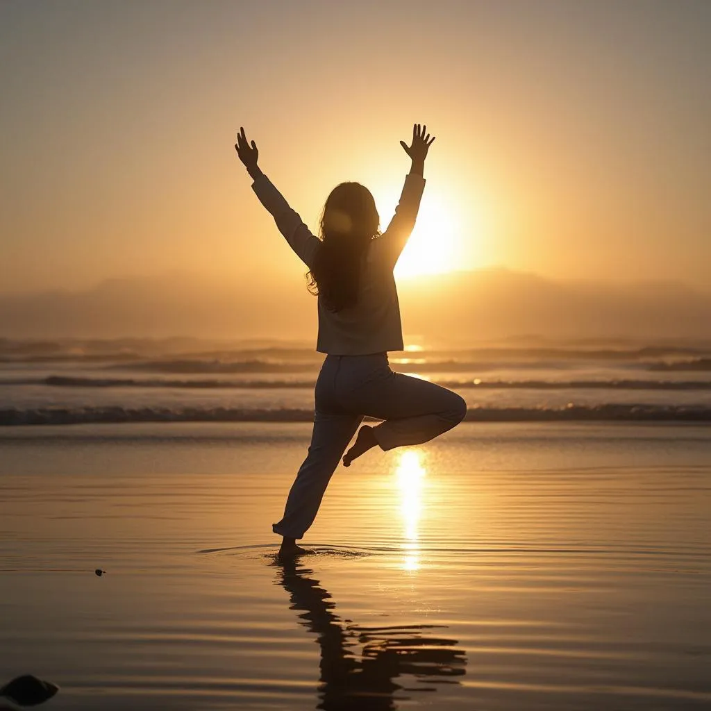 Person practicing mindful movement by the sea