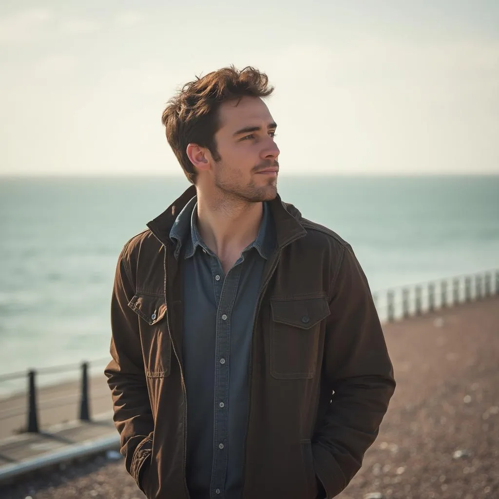 Man in reflective pose by the sea