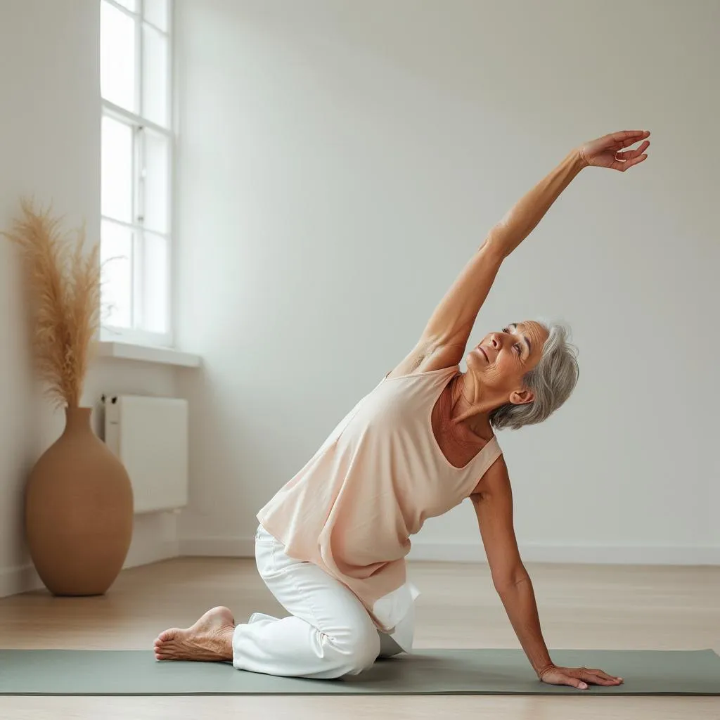 Older person in gentle yoga pose